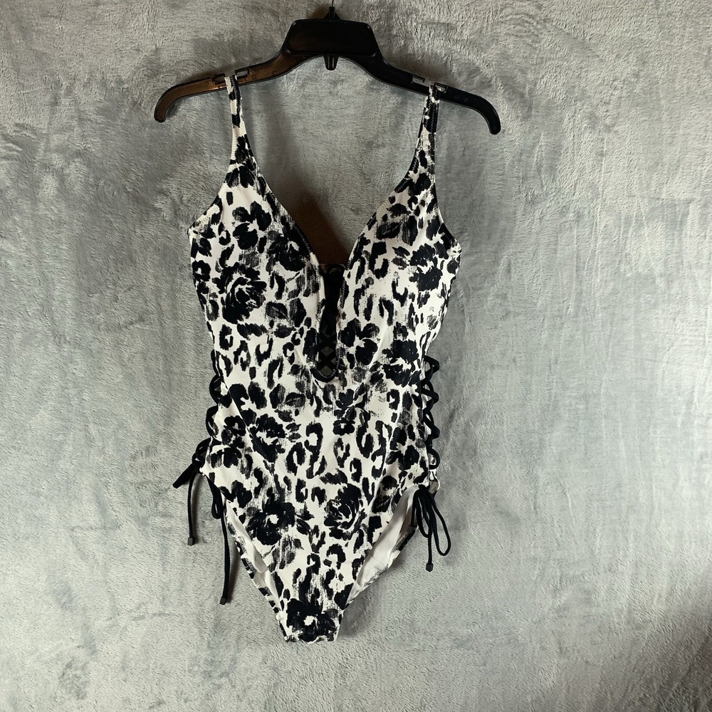 Bar III Women's Swimsuit M One‎ Piece Lace Up Sides Animal Print Spot Garden NWT